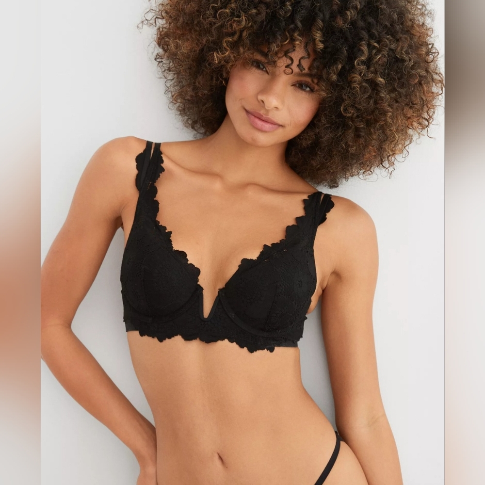 Aerie Real power plunge push up poppy lace bra 36D